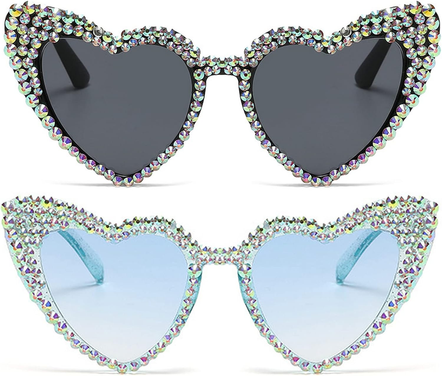 

Милые женские солнцезащитные очки в форме сердца, модные, блестящие, с бриллиантами, многоугольные, с розовыми стразами, с защитой от УФ-излучения mincl, 2pcs-black&blue