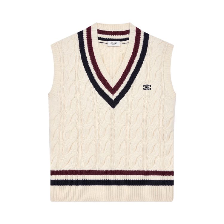 

Утепленный жилет CELINE Triomphe Cashmere V-Neck Cable Knit Vest 'Ecru/Burgundy/Navy', кремовый