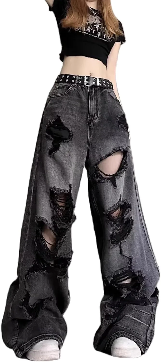 

Джинсы Y2K с потертостями и широкими штанинами, High Waisted, стиль Grunge ISMT TZ TM