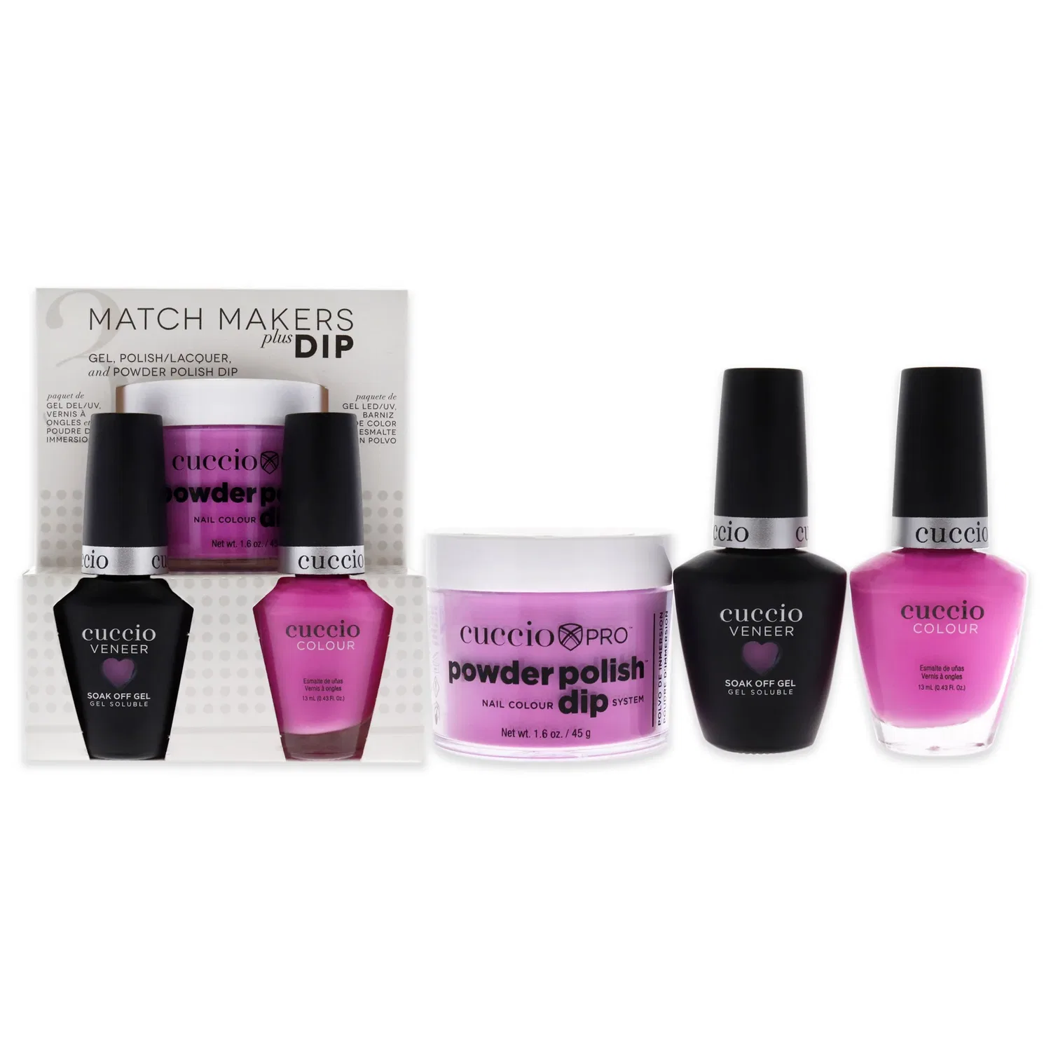 Набор Match Makers Plus Dip - Take On Me от Cuccio Colour для женщин - 3 предмета: 1,6 унции профессионального порошкового лака для ногтей, 0,44 унции геля для снятия покрытия Veneer, 0,43 унции цветного лака для ногтей