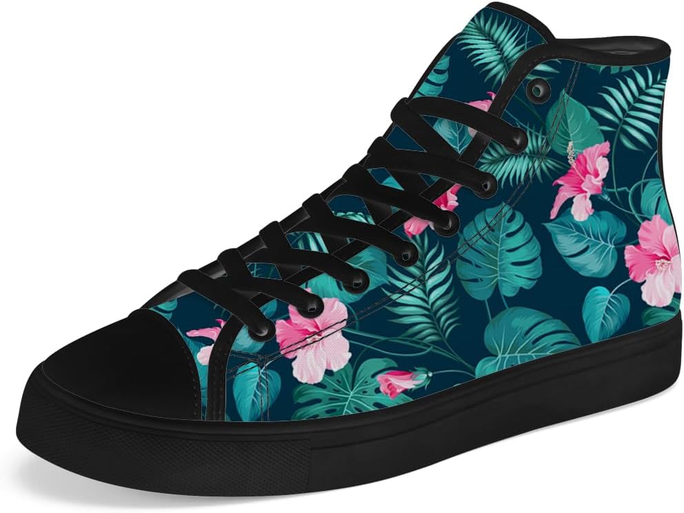 

Мужские и женские высокие кеды с принтом гибискуса, тропические высокие кроссовки на шнуровке, повседневная обувь Chebing, синий/розовый