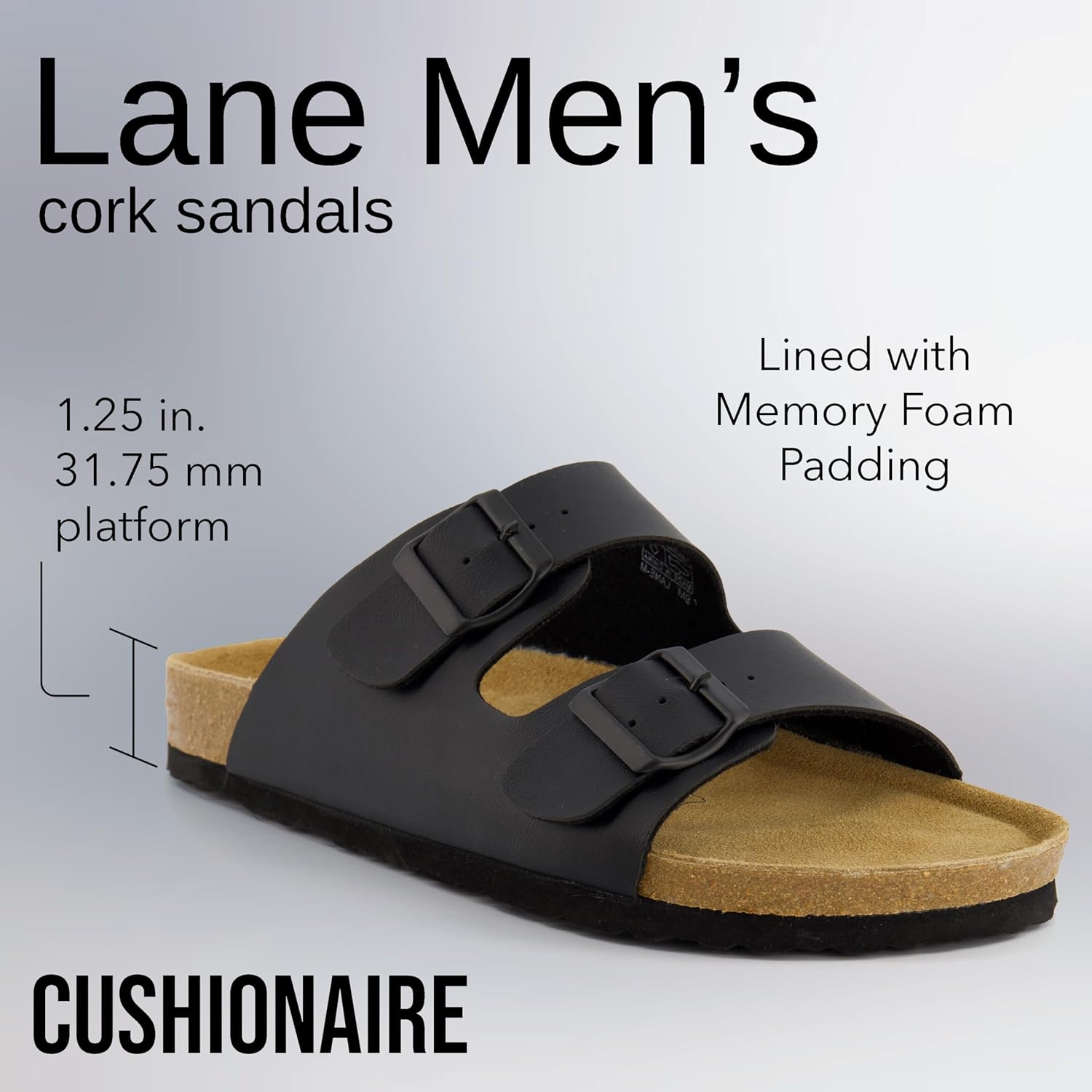 Мужские сандалии CUSHIONAIRE Lane с пробковой стелькой, регулируемые с пряжкой, комфортные шлепанцы, стелька из натуральной кожи, летняя обувь для мужчин, черный — фото 3