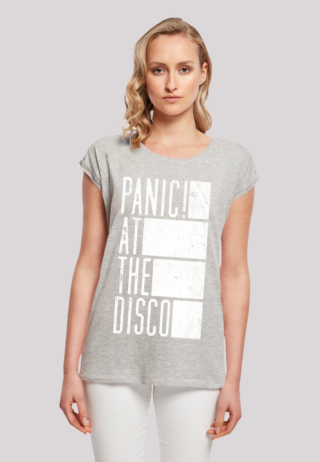 

Футболка с принтом PANIC AT THE DISCO BLOCK TEXT F4NT4STIC, серый