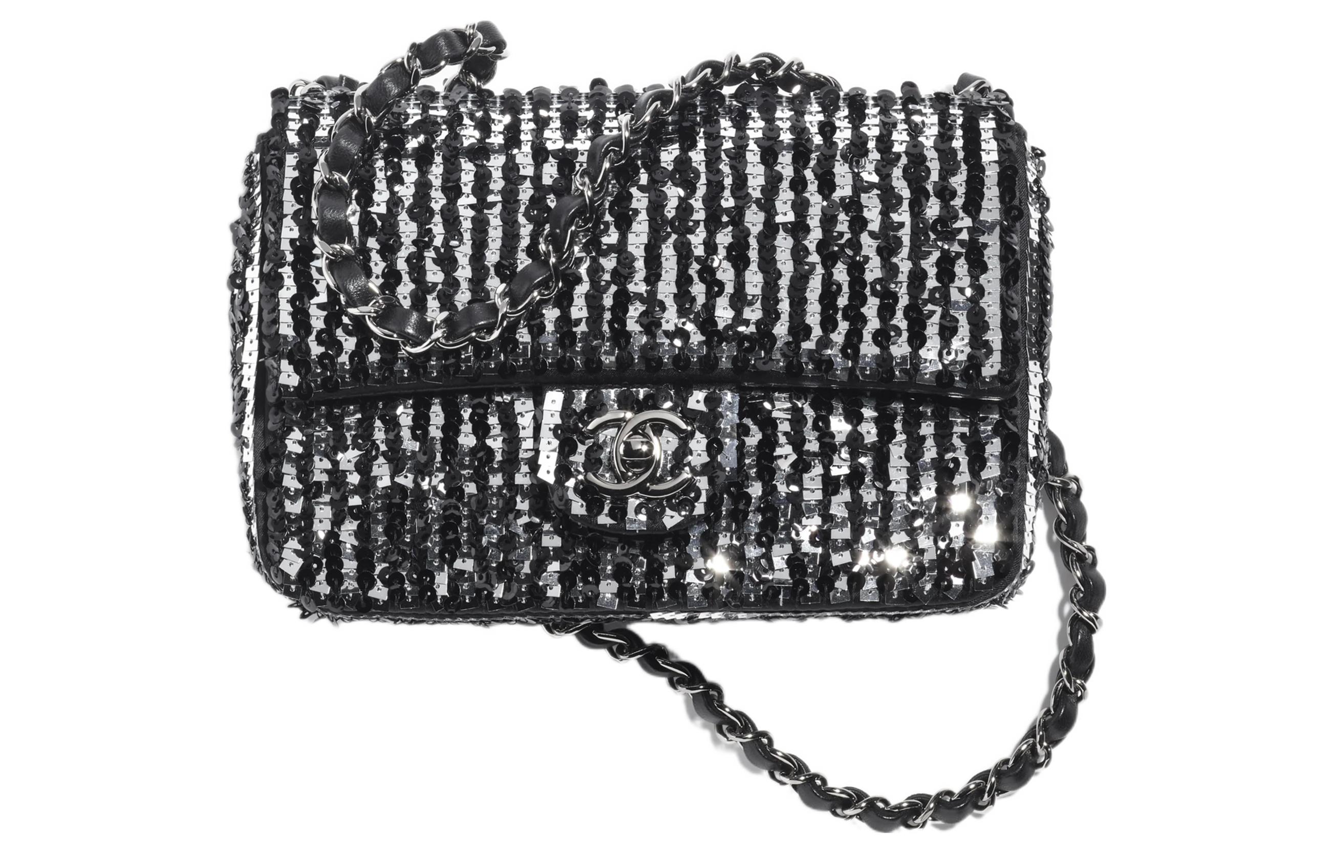 

CHANEL Сумка с пайетками на плечо мини через плечо женская черная и серебристая
