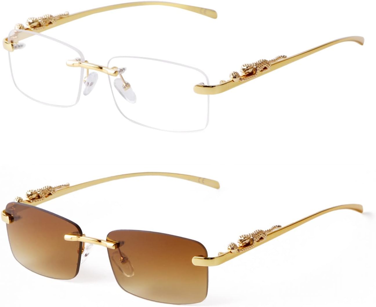 

ADE WU Винтажные солнцезащитные очки без оправы в стиле ретро, ​​роскошные, золотистая металлическая безрамочная модель, прямоугольные солнцезащитные очки с цветными линзами, 2 Pack: Clear & Brown