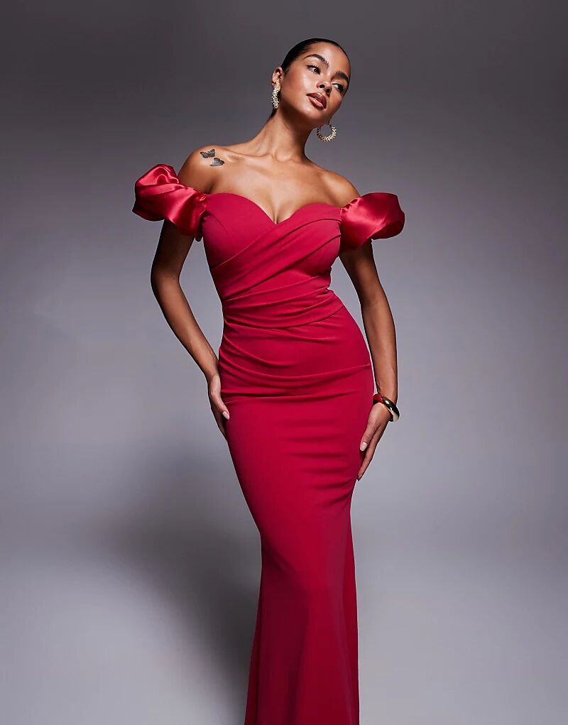 

Платье Goddiva Puffy с атласными рукавами и макси-юбкой цвета маджента