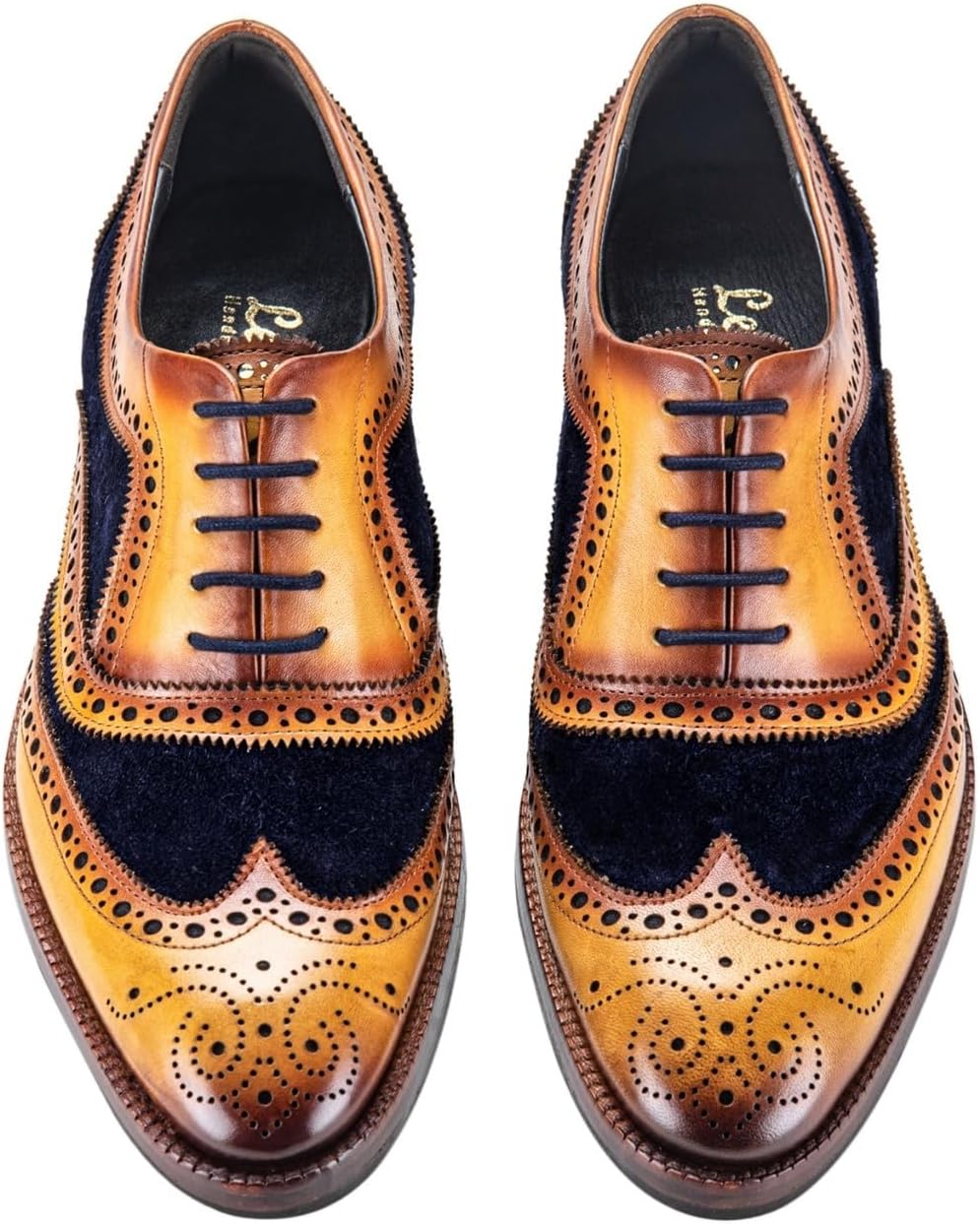 Мужские туфли оксфорды Lethato Wingtip Brogue ручной работы из натуральной кожи с шнуровкой, темно-синий — фото 4