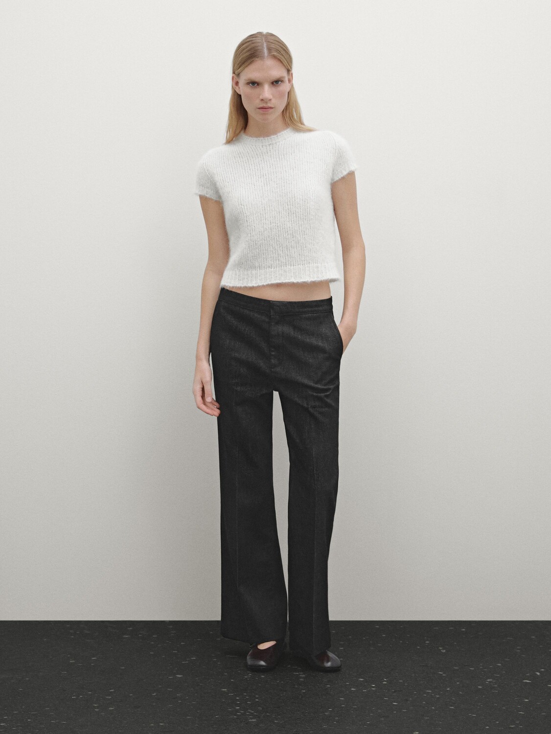 

Свитер с короткими рукавами из смеси альпаки Massimo Dutti, бежевый