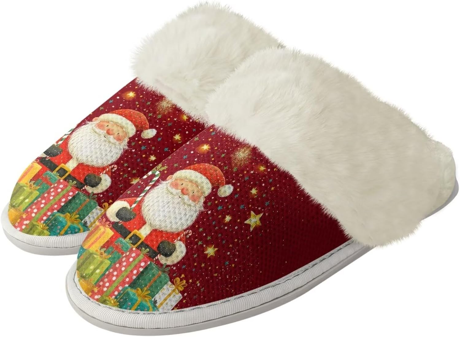 

Мягкие тапочки для женщин и мужчин, плюшевые теплые тапочки, уютные домашние тапочки для спальни с пушистым воротником Jiquruby, Santa Claus Print