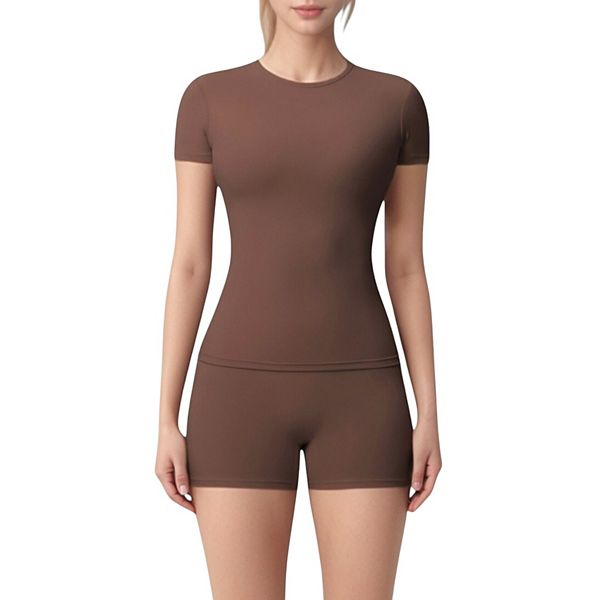 

Женский топ с коротким рукавом и шорты с высокой талией, 2-предметный спортивный сет Anna-Kaci, Brown