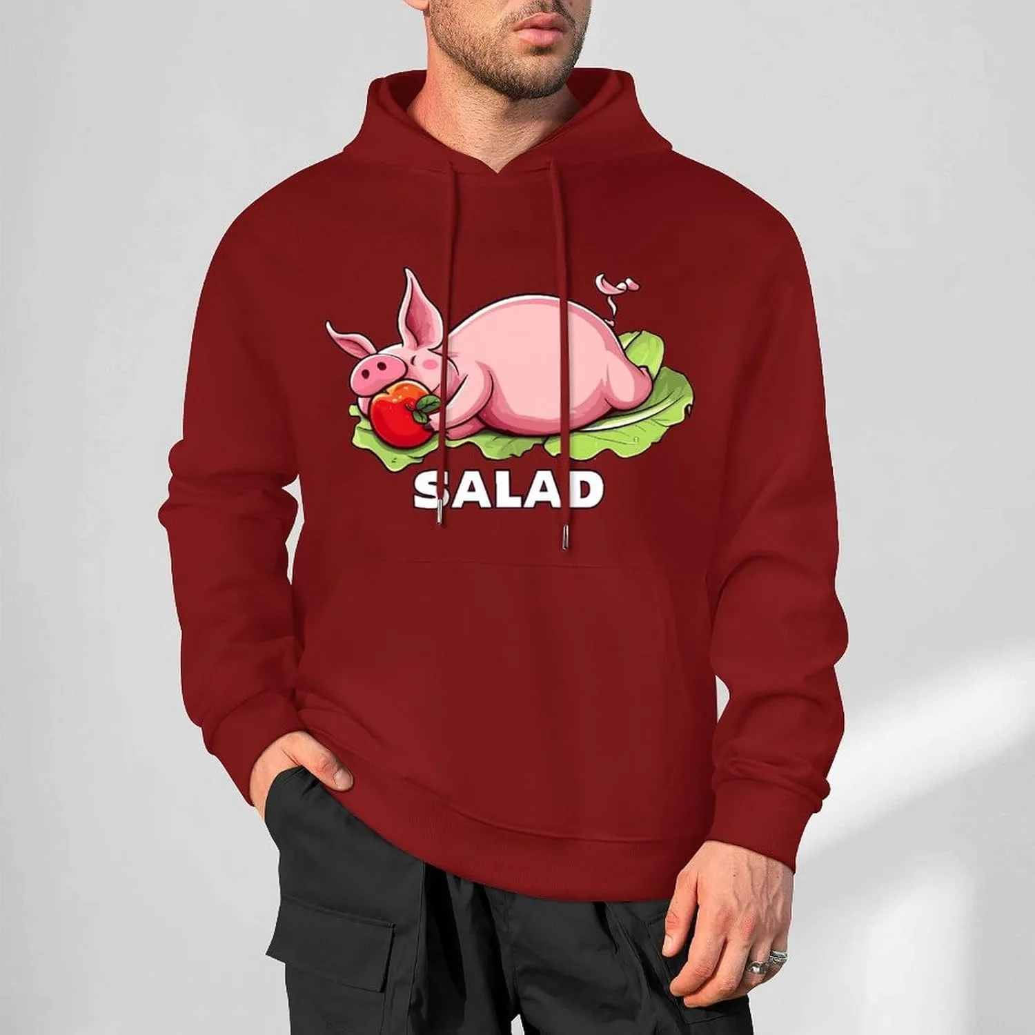 Толстовка Funny Salad с капюшоном для мужчин, хлопковый пуловер с карманом Generic, темно-багровый — фото 2