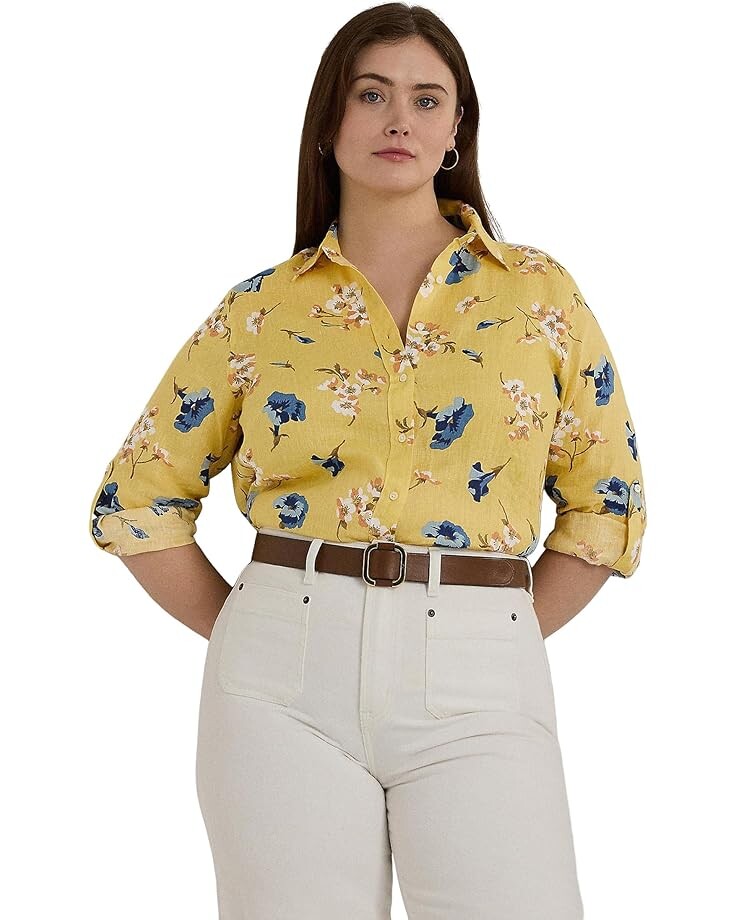 

Рубашка Lauren Ralph Lauren Plus-Size Relaxed Fit Floral Linen Shirt, цвет Yellow Multi