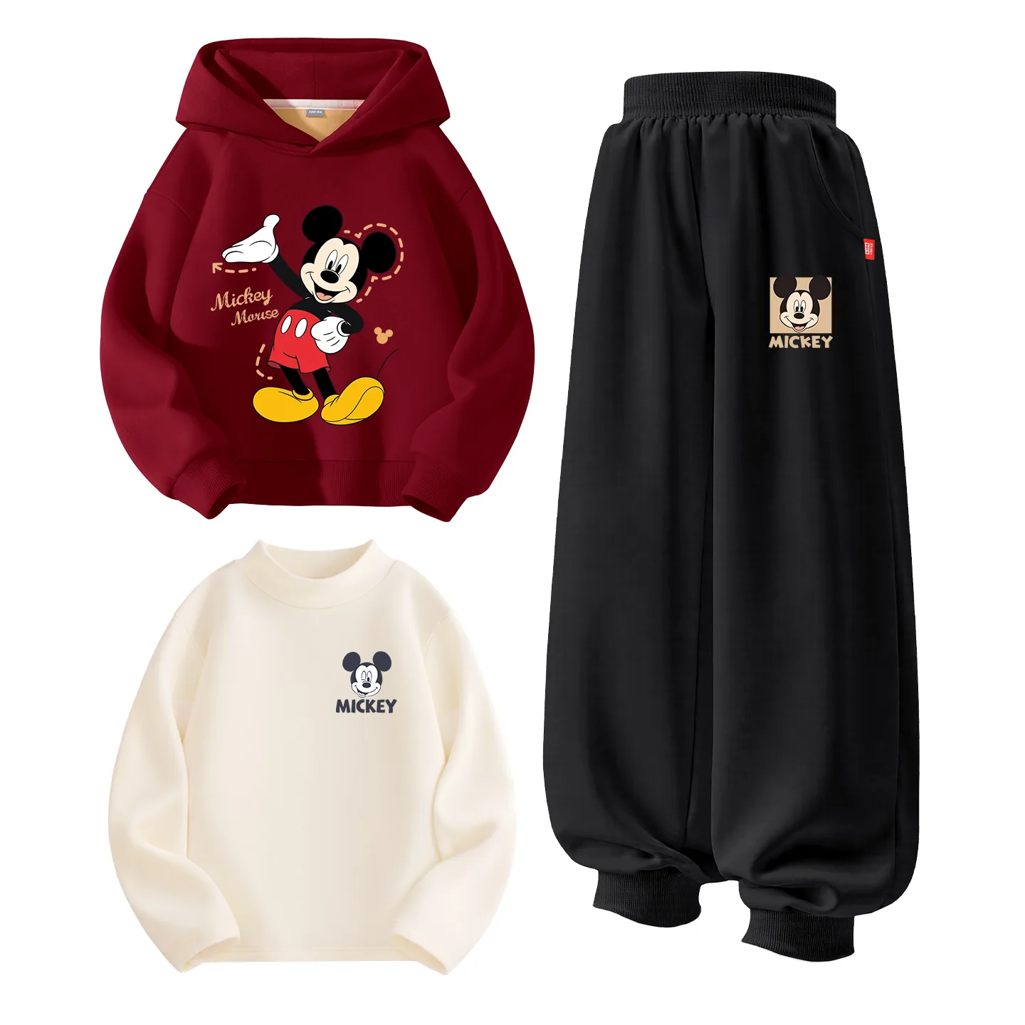 Детская повседневная спортивная одежда утепленная Disney, [Thickened and Fleece-Lined Three-Piece Set]Di Online Burgundy+Di Joy K Black+Di Big Smile K Milk White — фото 4