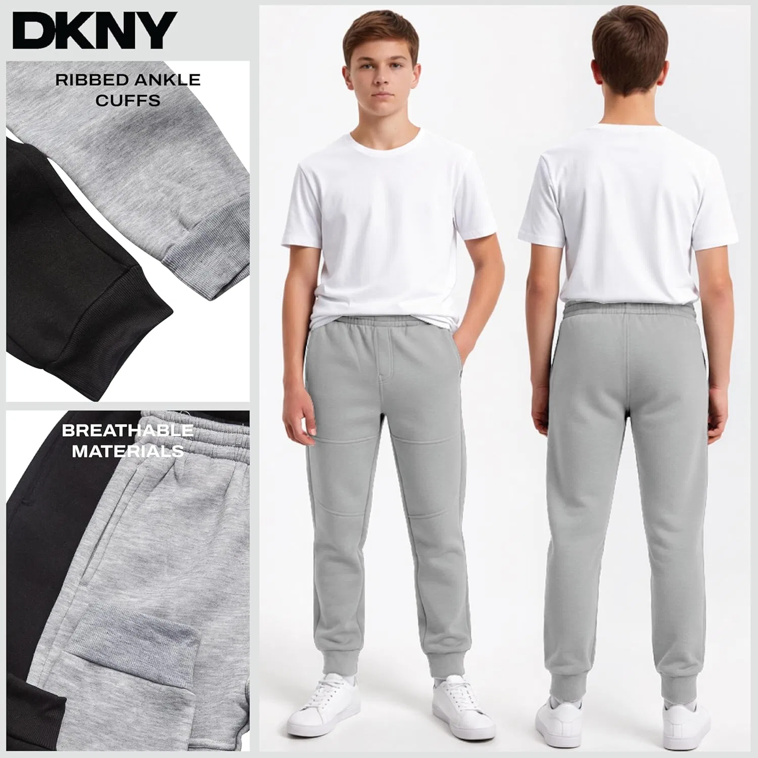 Спортивные штаны DKNY для мальчиков - комплект из 2 штук, из мягкого флиса, с эластичным поясом и карманами, Black/Light Grey Heather — фото 4