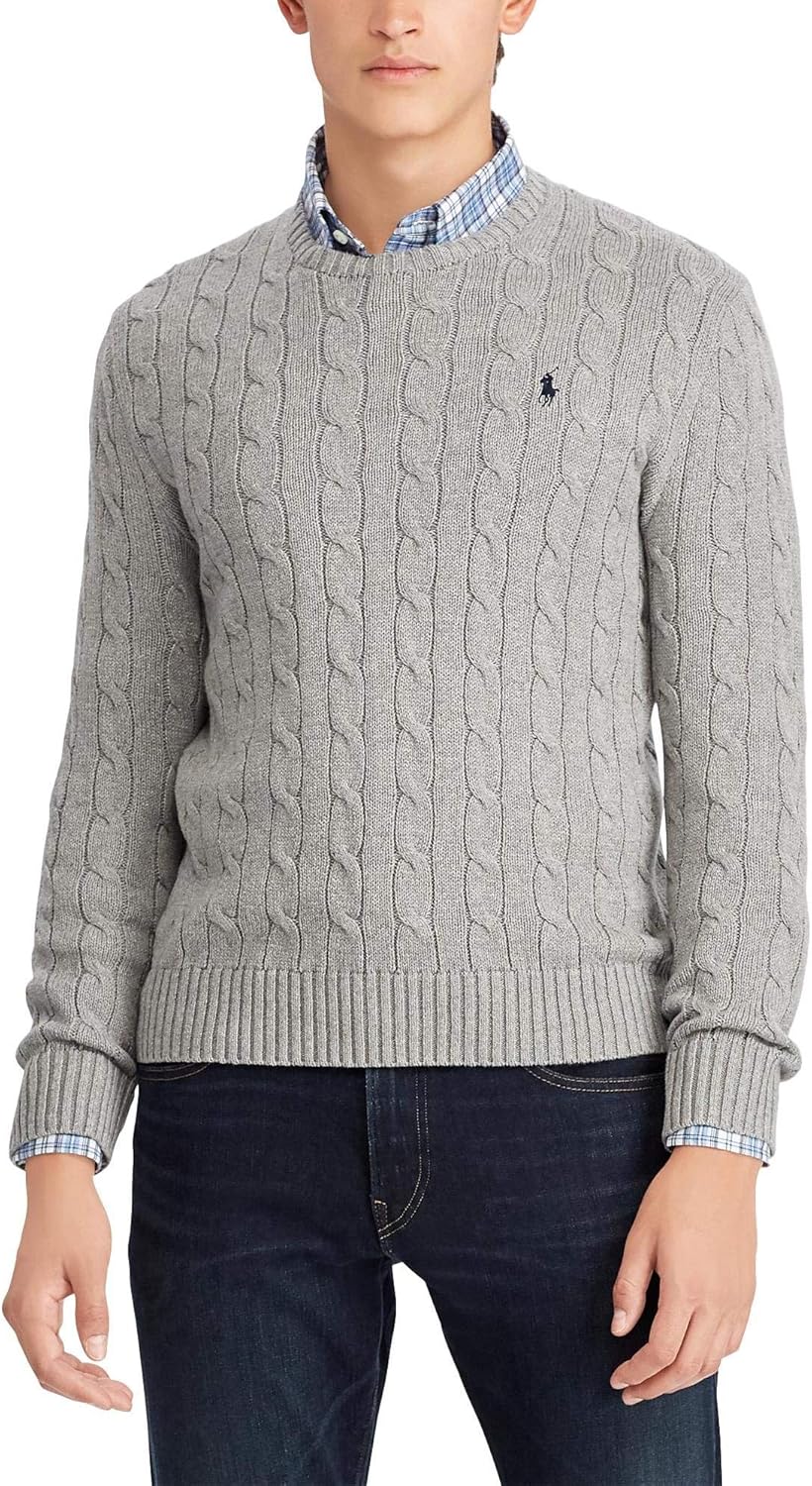 Polo Ralph Lauren мужской свитер из хлопка с косой вязкой, 2019 Fawn Grey Heather — фото 2