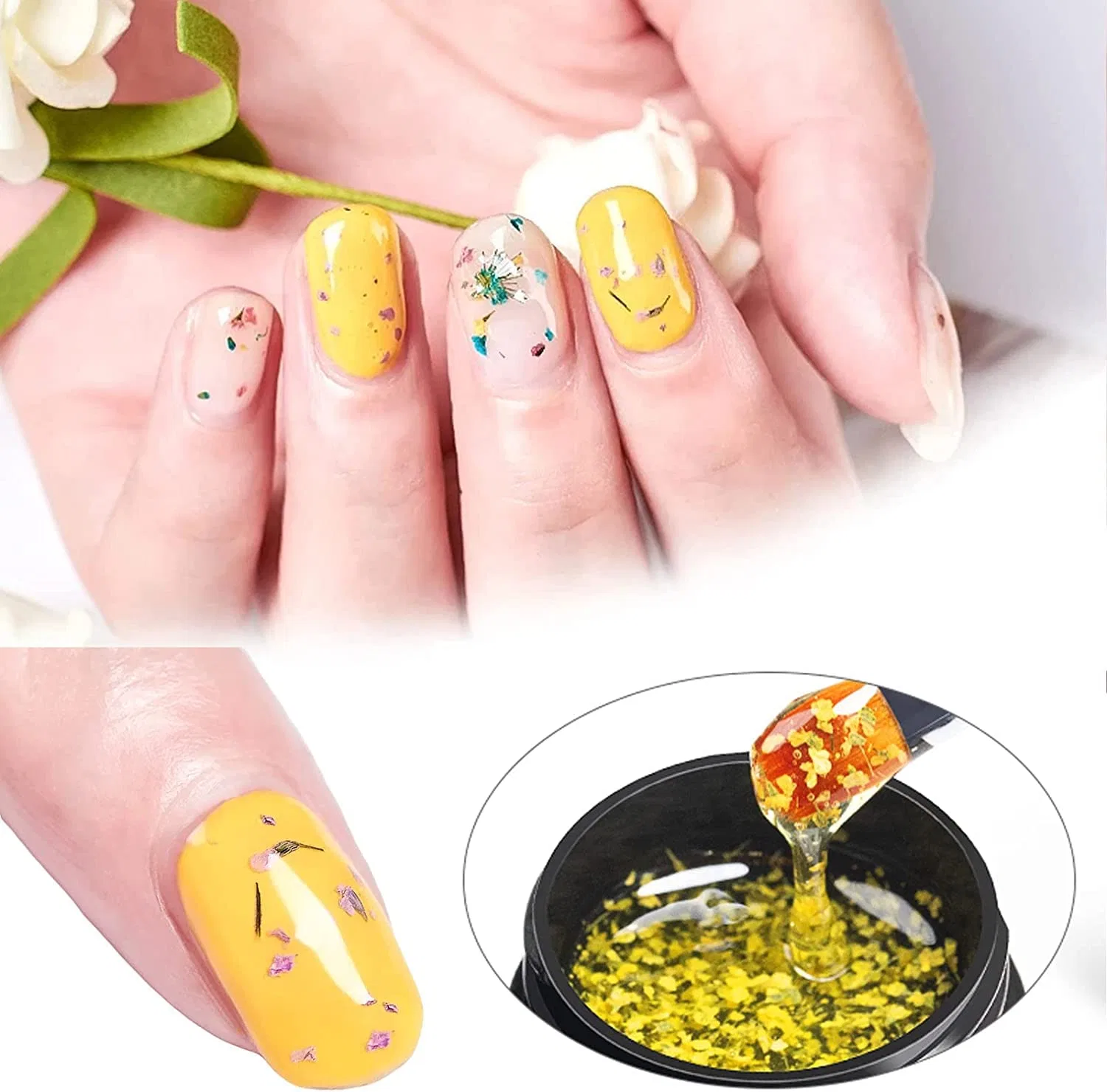 Набор гель-лаков Flower Fairy Polish с сухоцветами 6 цветов Bellecrey, Rose Gold, Pink, Green, Blue, Purple — фото 4