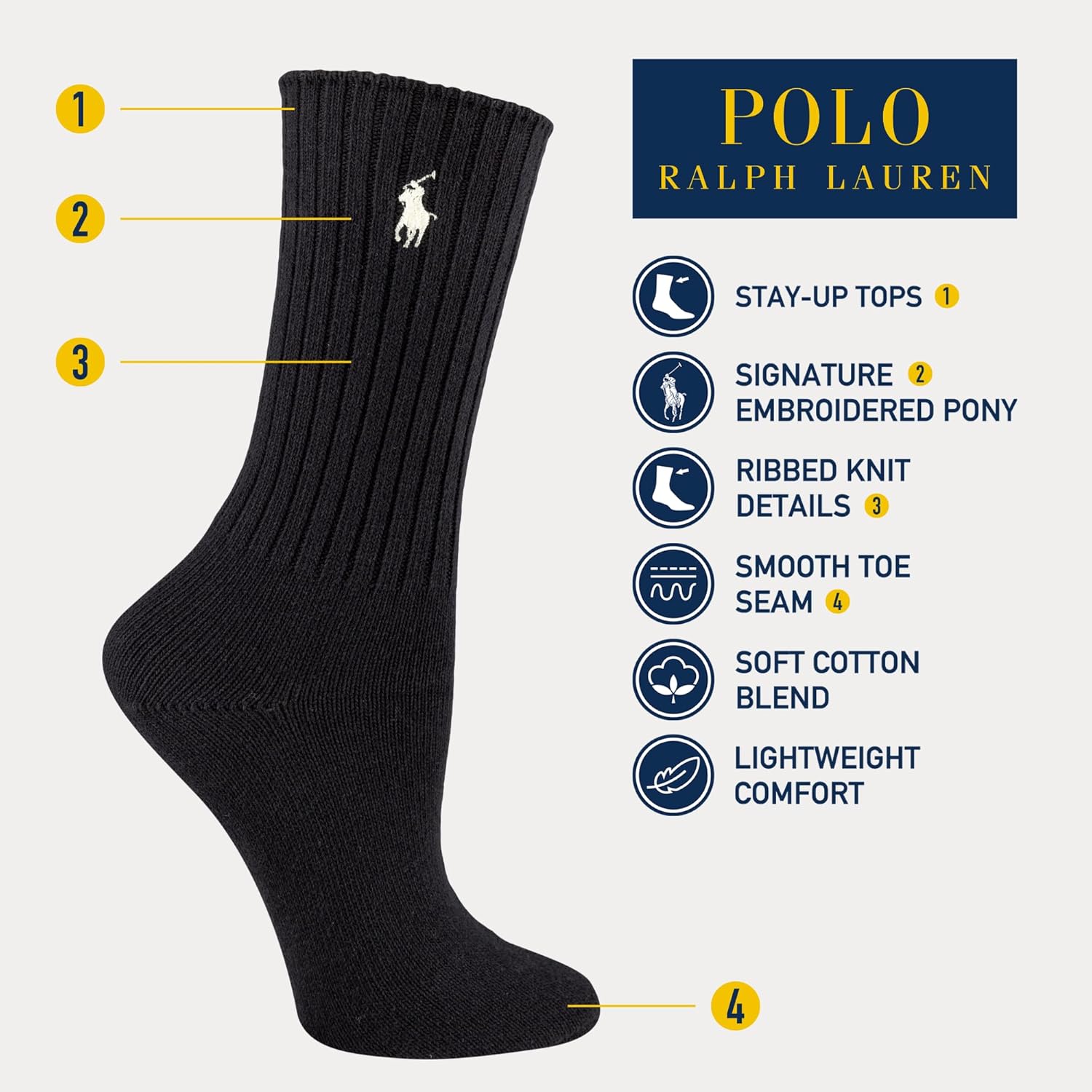 POLO RALPH LAUREN Женские повседневные однотонные носки Crew (1 пара), White — фото 4