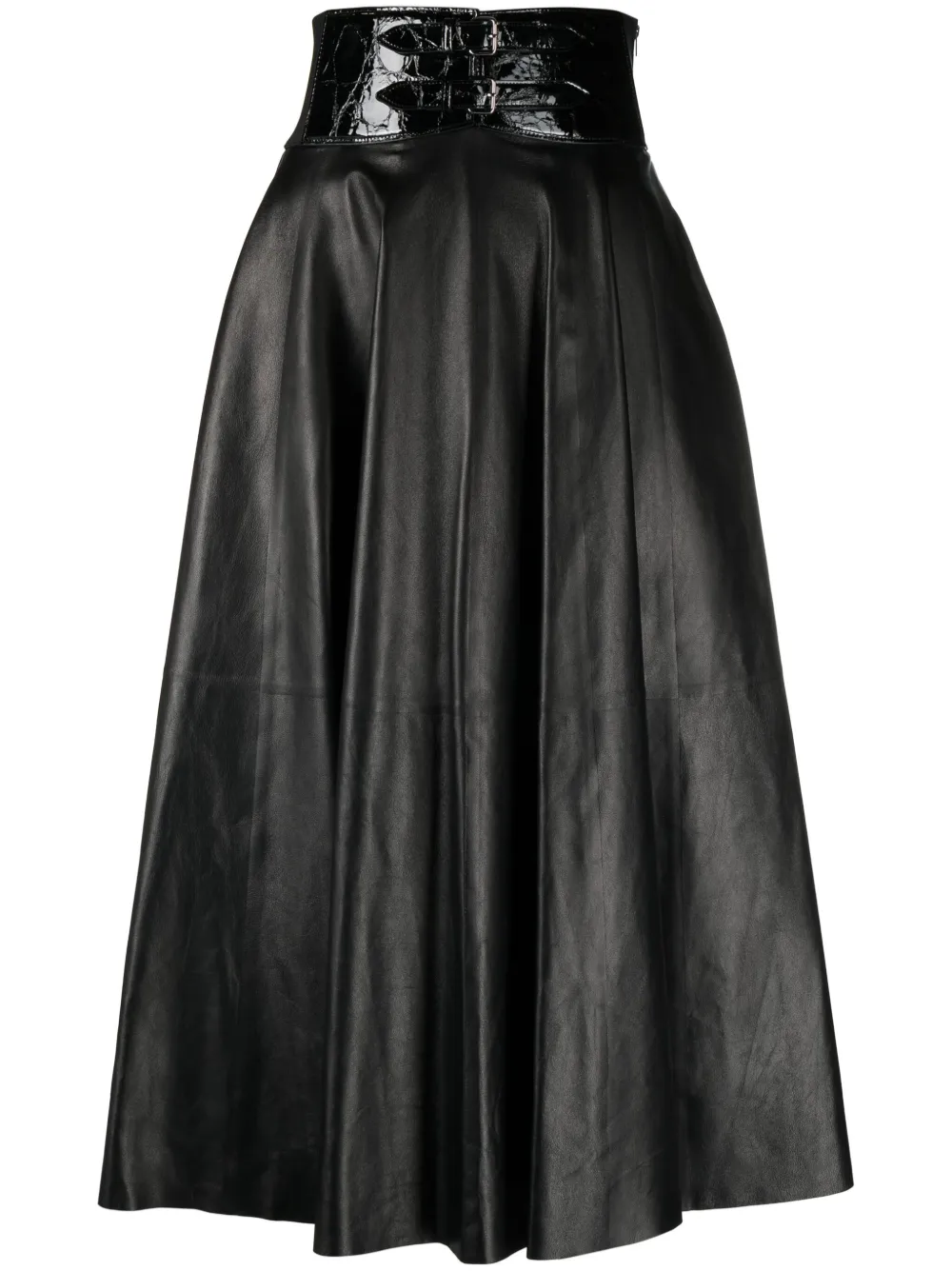 

Кожаная юбка миди с поясом Alaïa, черный