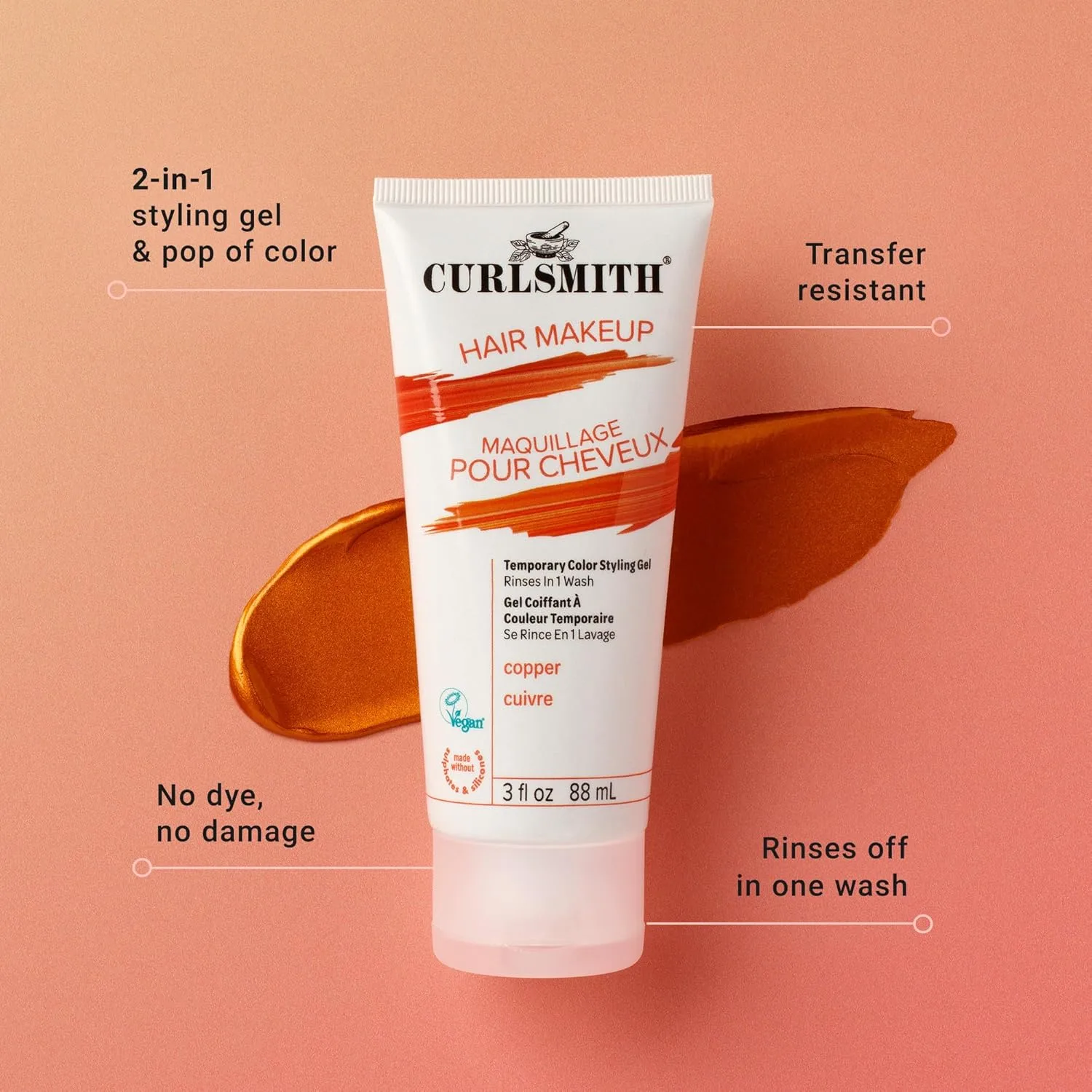 CURLSMITH Hair Makeup - Временная краска для кудрявых волос, гель для укладки кудрявых волос с краской, подходит для всех типов кудрей, веганский продукт, не тестируется на животных (85 г), Gold — фото 3