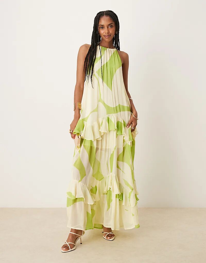 

Платье макси ASOS DESIGN с бретелью через шею, многоярусными оборками и зеленым абстрактным принтом