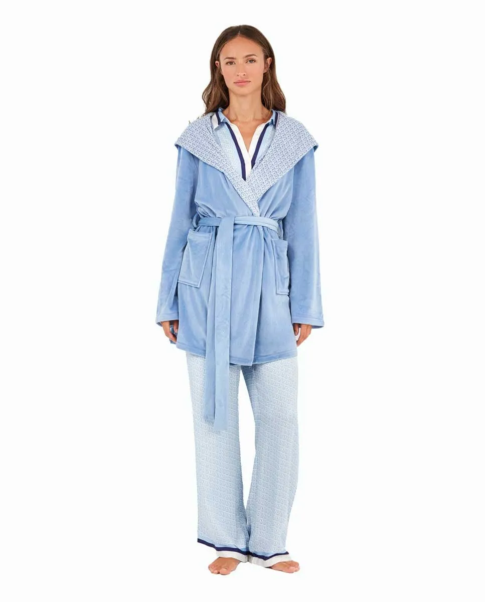 

Женский халат из флиса с контрастными лацканами и капюшоном Gisela, голубой