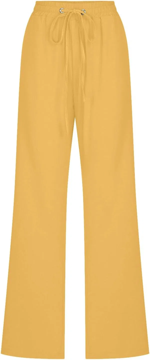Женские брюки прямого кроя, Cotton Linen, с карманами, Yellow — фото 4