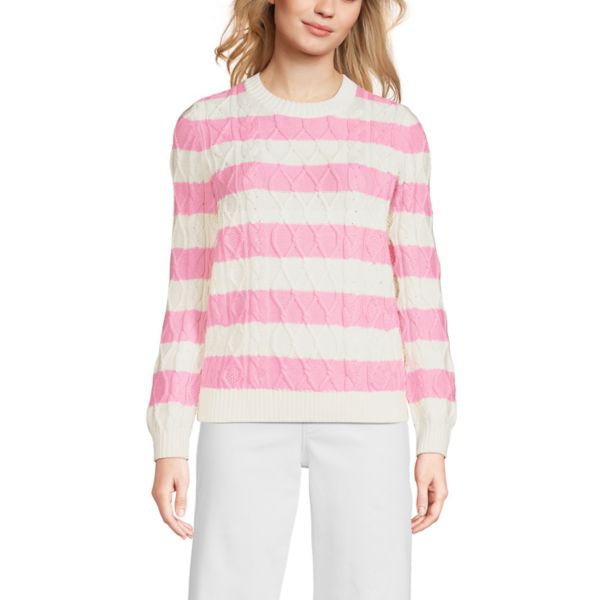 

Женский свитер с круглым вырезом и арановой косой Lands' End, цвет pink classic stripe