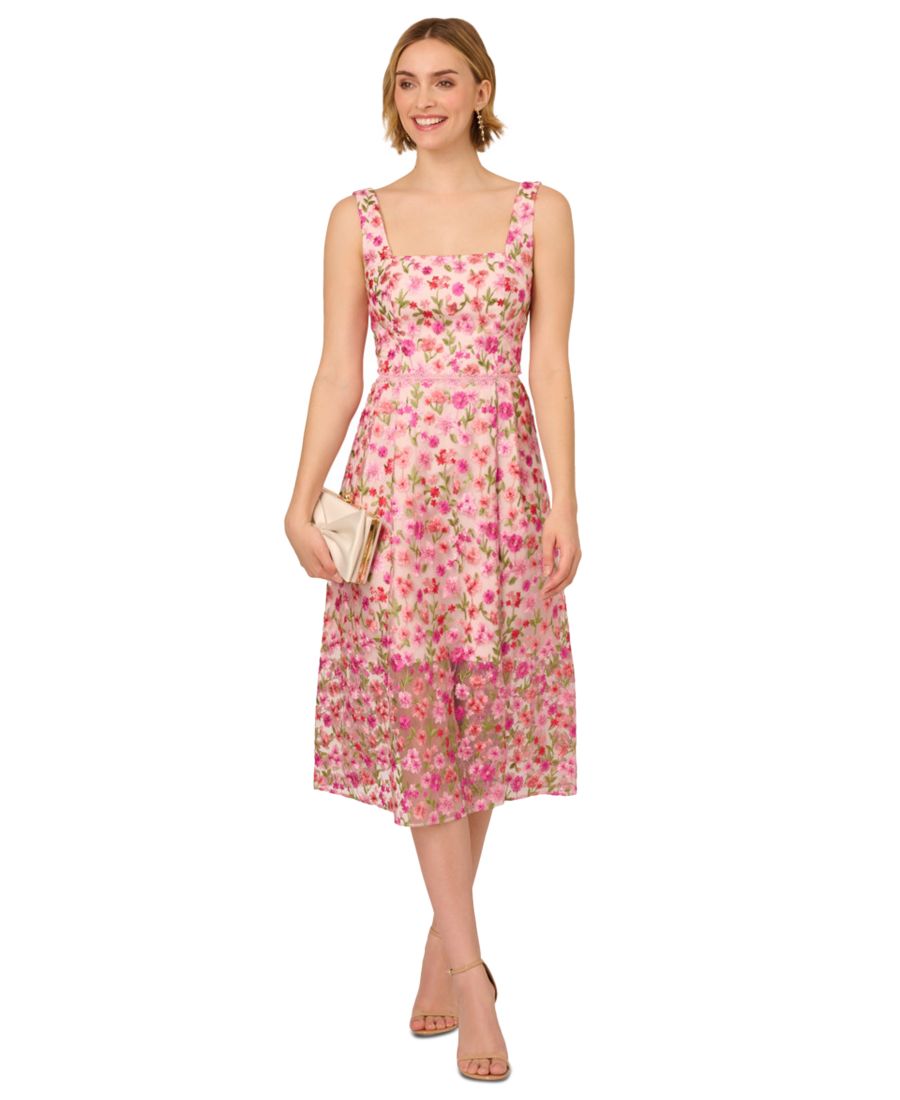 

Женское платье с квадратным вырезом и цветочной вышивкой Adrianna Papell, Pink Mutli