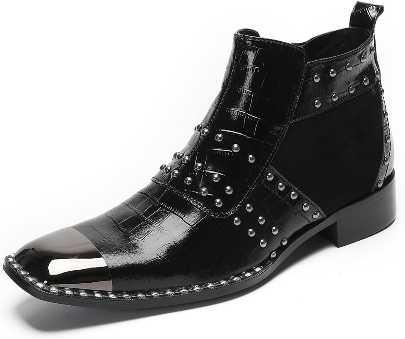 

Мужские повседневные ботинки Chelsea Santimon - настоящая кожа, западные ботинки до щиколотки с металлическим квадратным носком, боковой молнией и бусинами - ковбойские ботинки в клетку для свадьбы, выпускного и вечеринки, черный