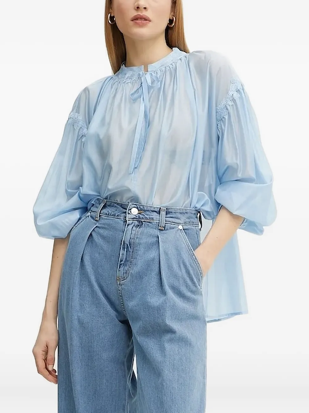 

Топ с объемными рукавами и кружевом Ermanno Scervino, синий