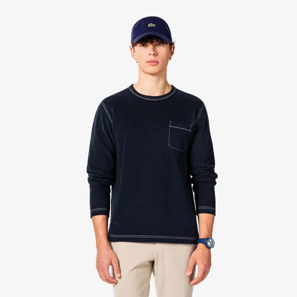 Футболка мужская Lacoste темно-синий с круглым вырезом и карманом — фото 3