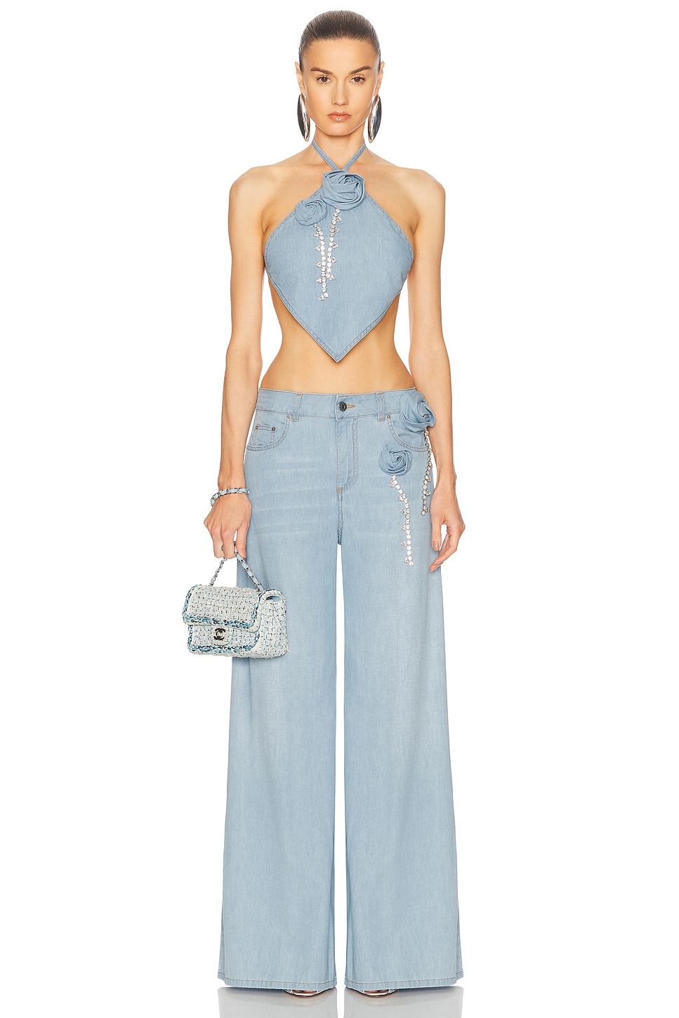 

Топ с кристальными розетками и носовым платком Area, Super Light Blue