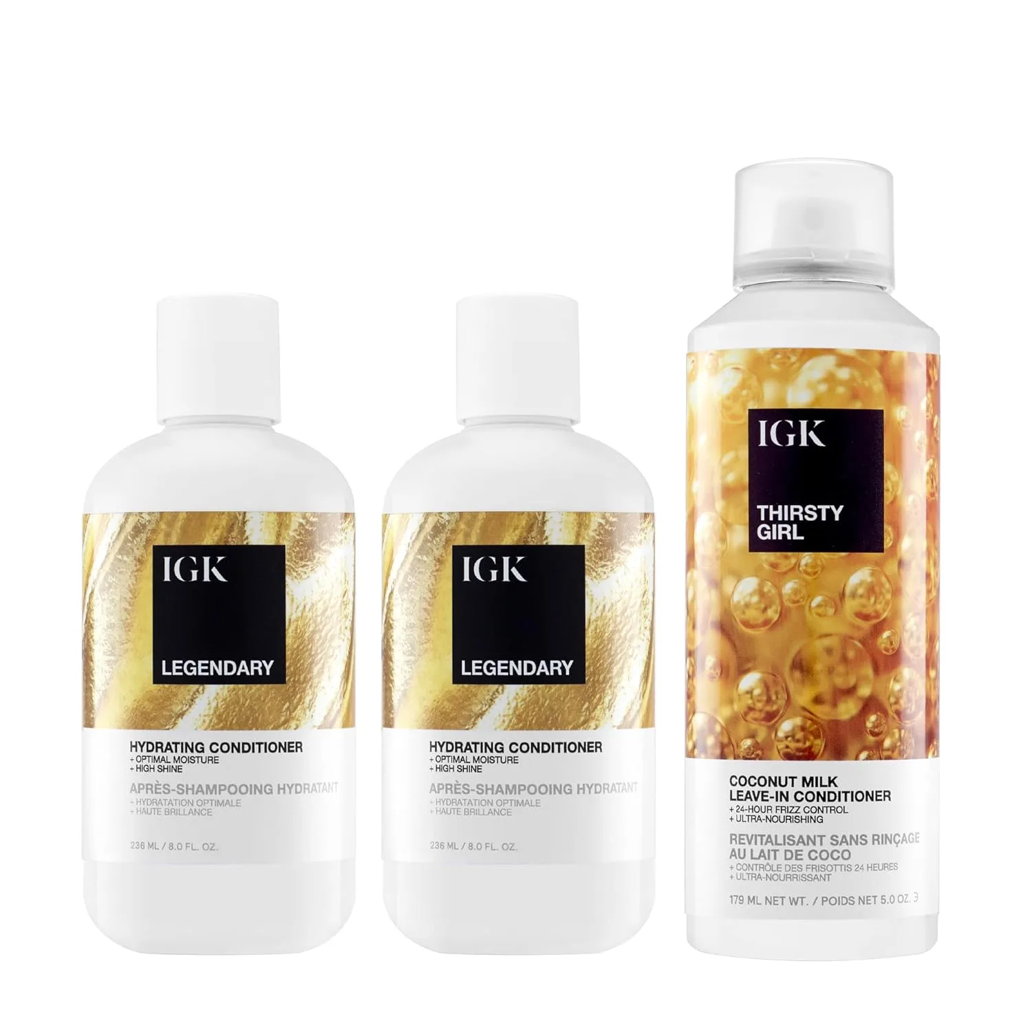 IGK Legendary Shampoo + Legendary Conditioner + Thirsty Girl Hydrating Hair Treatment - трио для очищения, увлажнения и восстановления волос, борьбы с пушистостью, блеска и послушности, Vegan & Cruelty-Free