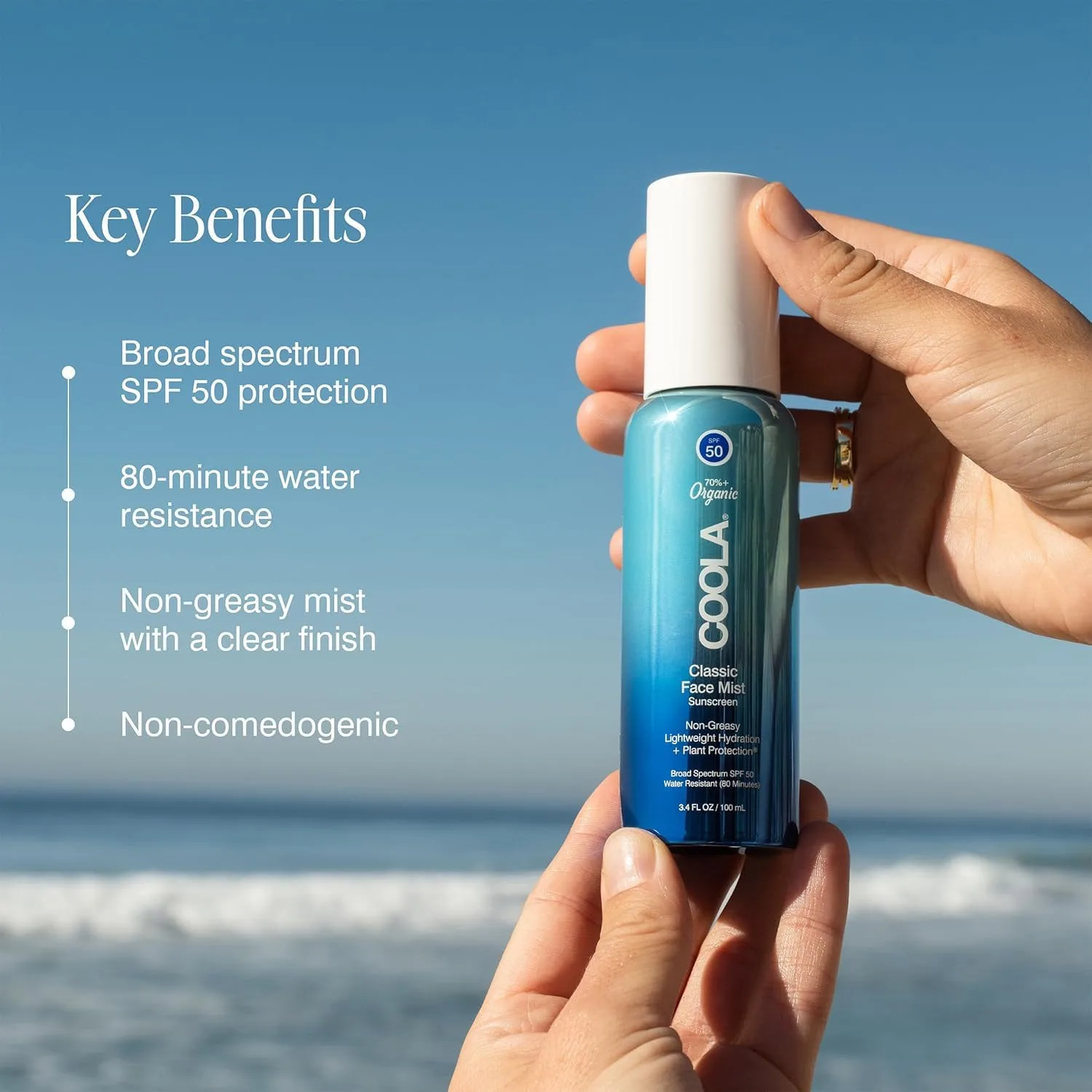 COOLA Органический солнцезащитный спрей для лица SPF 50, протестирован дерматологами, обеспечивает ежедневную защиту кожи, веганский и безглютеновый, с натуральным ароматом, 95 мл. — фото 4