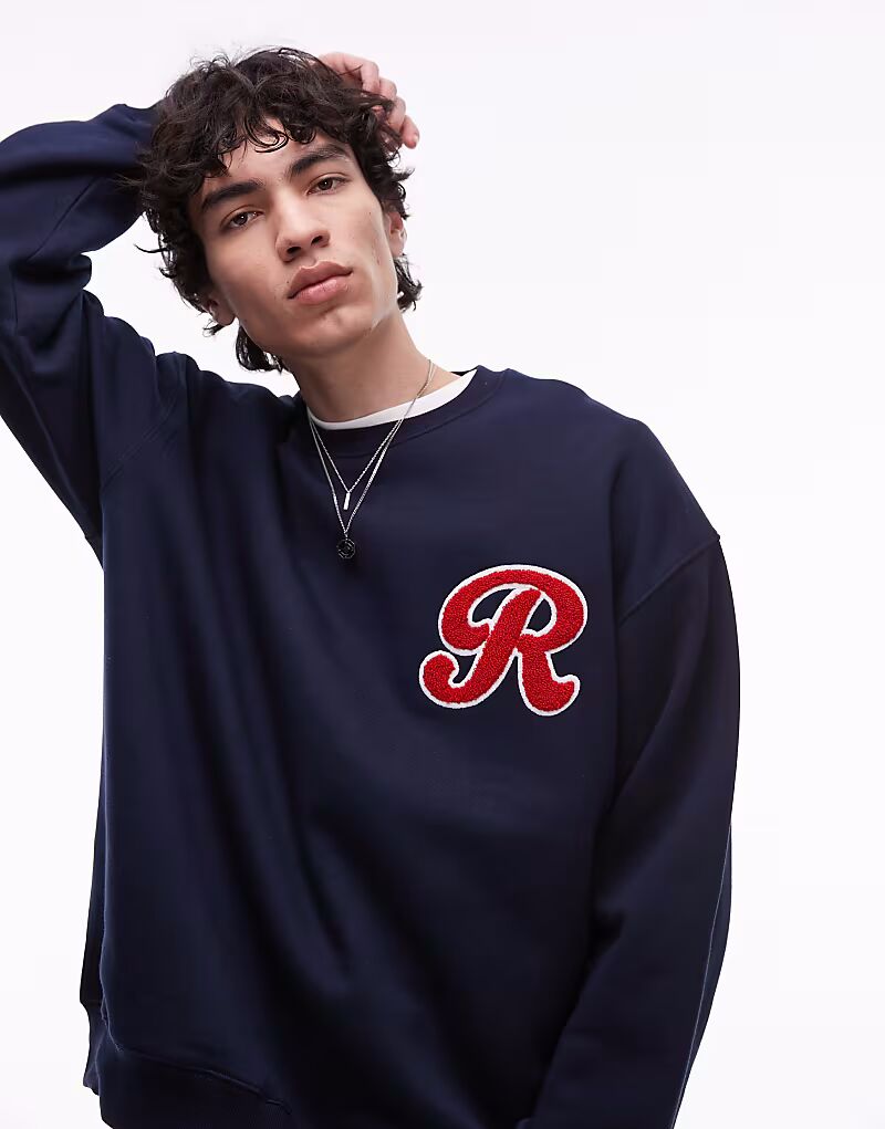 

Толстовка Topman свободного кроя с вышитыми буквами шенилла в темно-синем цвете