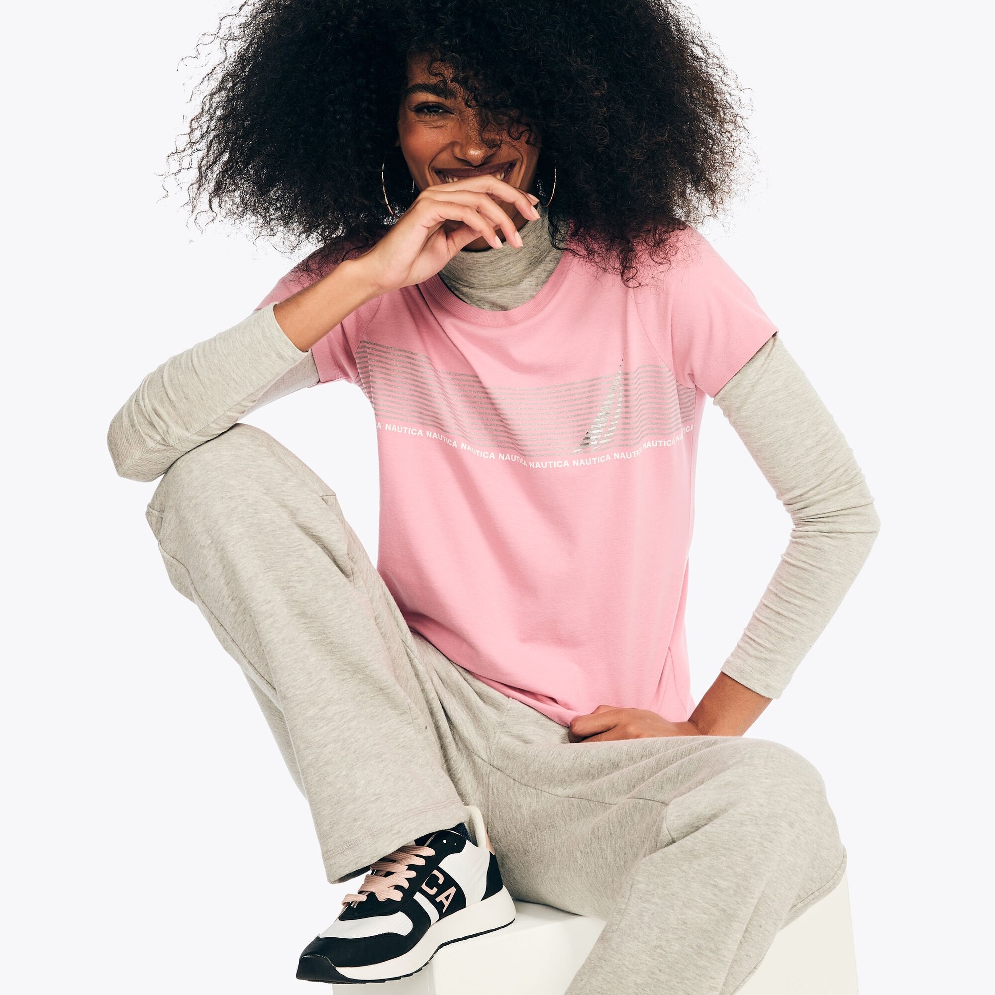 

Женская полосатая футболка Nautica J-Class с металлизированным рисунком, цвет cashmere rose