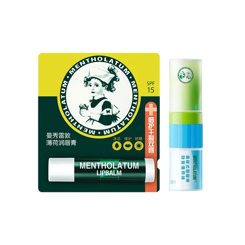 Mentholatum Набор для ухода за кожей с бальзамом для губ Mint Wake Up Stick, увлажняющий, 1.4г+3.5г, Two-Piece Set: Mint Lip Balm 3.5g+Nose Suction Wake-Up Stick 1.4g