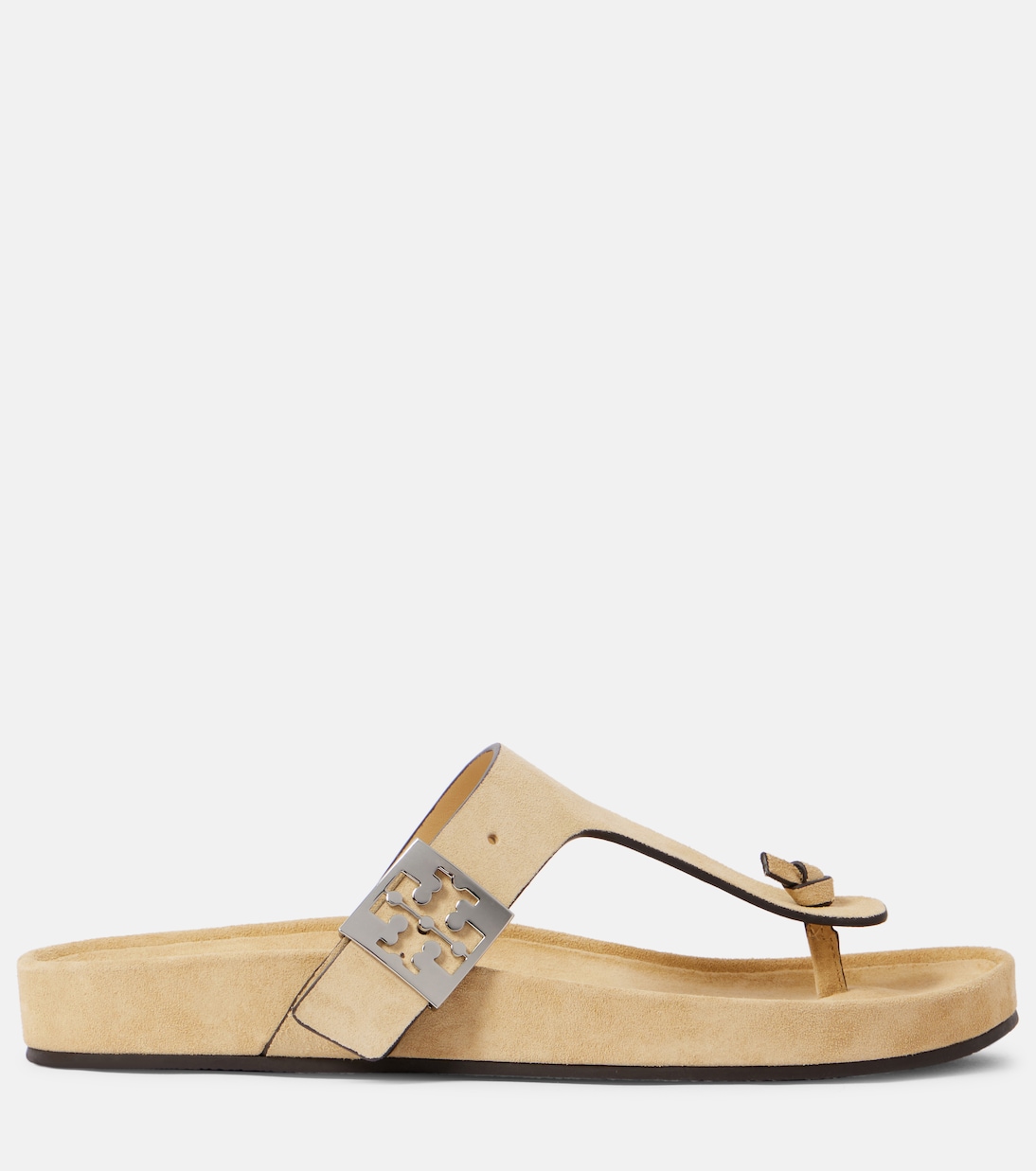 Двойная Т сандалия-слинг на плоской подошве из замши Tory Burch, Praline / Praline — фото 4