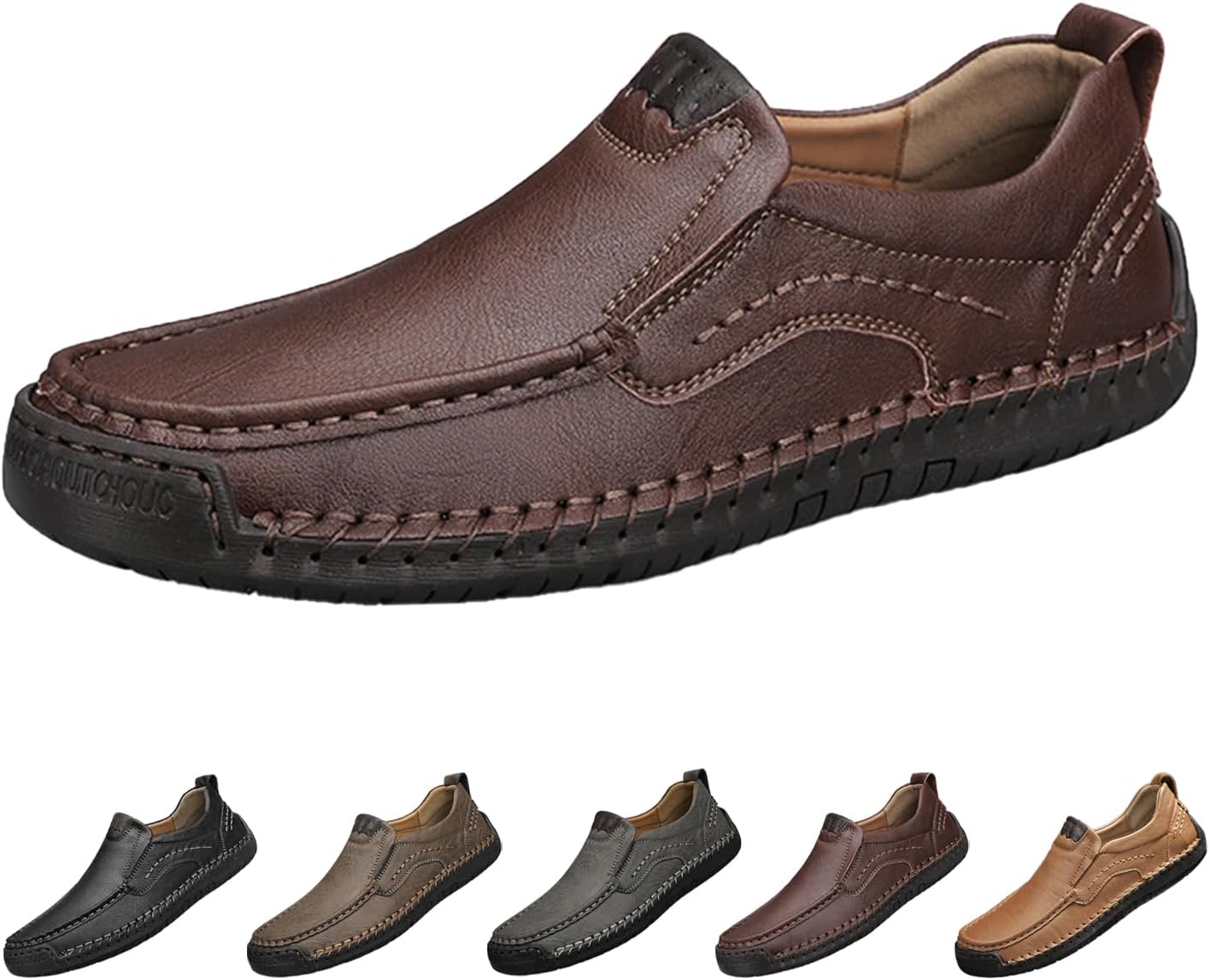 

Мужские повседневные туфли с отделкой слип-он для вождения, удобные с памятью формы, ручная строчка, нескользящие мокасины на плоской подошве из кожи Hneowgn, коричневый