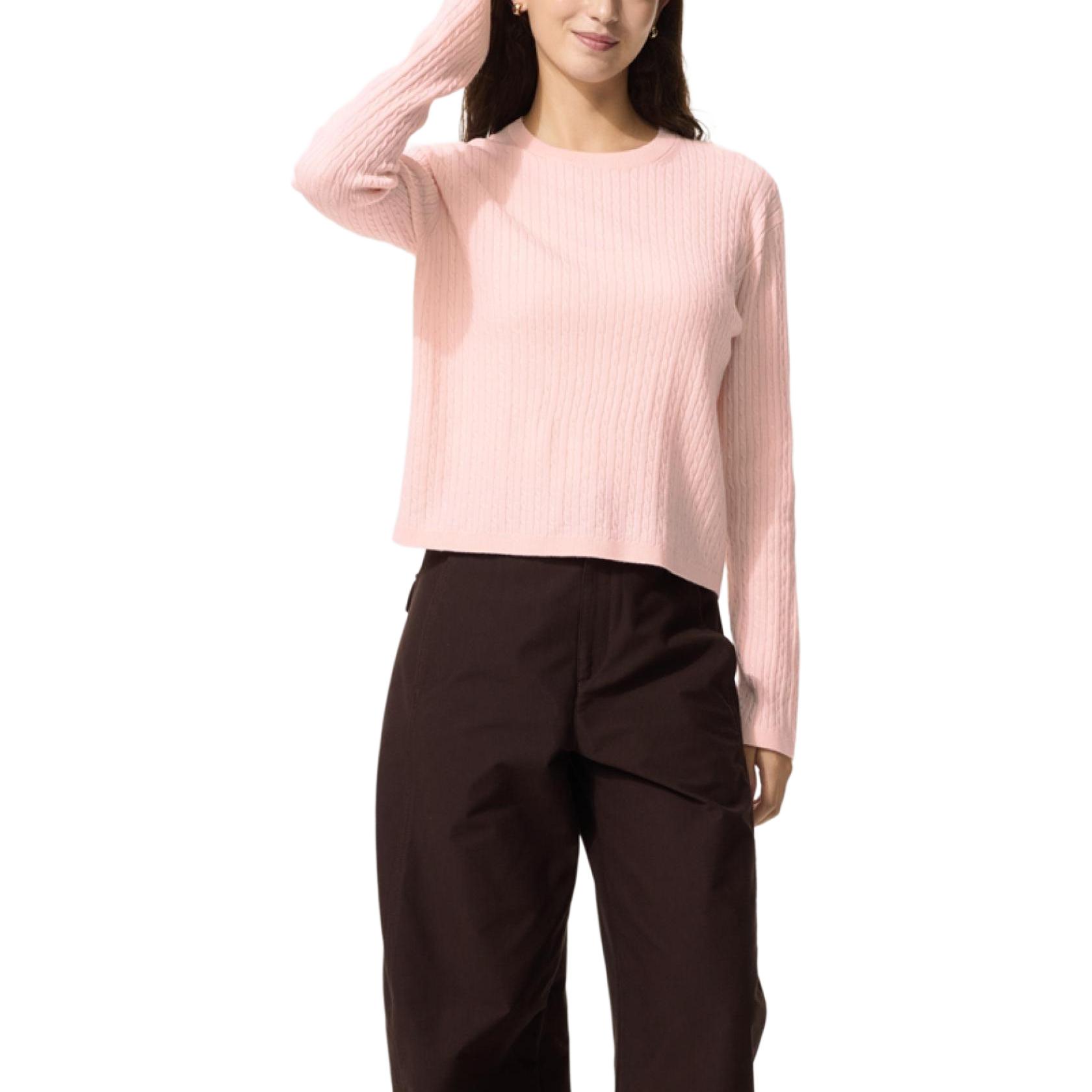 

Uniqlo Вязаный женский свитер пастельно-розового цвета с круглым вырезом средней толщины