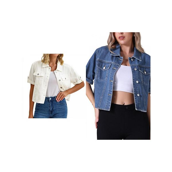 

2 упаковки женские джинсовые куртки casual с отложным воротником и коротким рукавом Inspire Chic, Dark Blue White