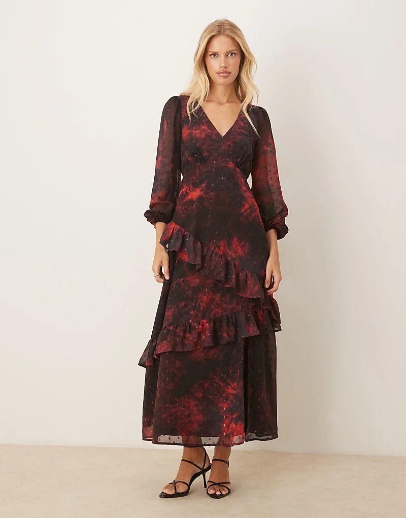 

Платье мидакси Lovedrobe с V-образным вырезом и рукавами-блузоном, оборками, разноцветное