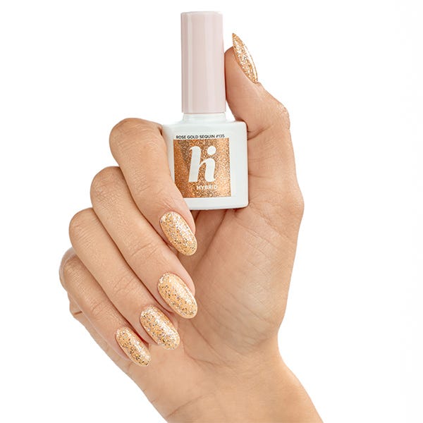 Полуперманентный лак для ногтей HI HYBRID Vegan UV Gel Polish Glitter, 135 Rose Gold Sequin — фото 2