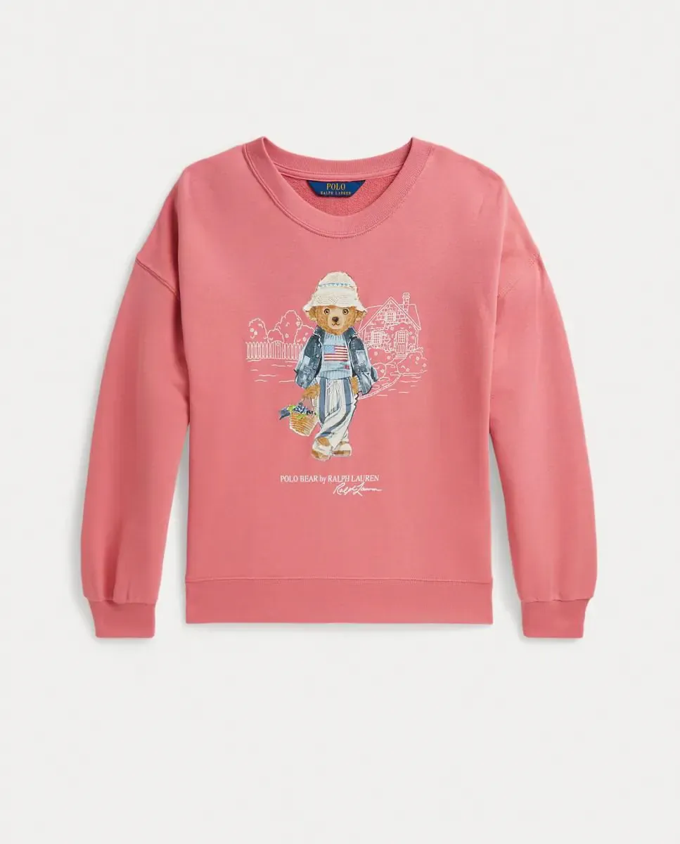 Девочковый свитшот с круглым вырезом и медведем Полом Polo Ralph Lauren, коралловый — фото 4