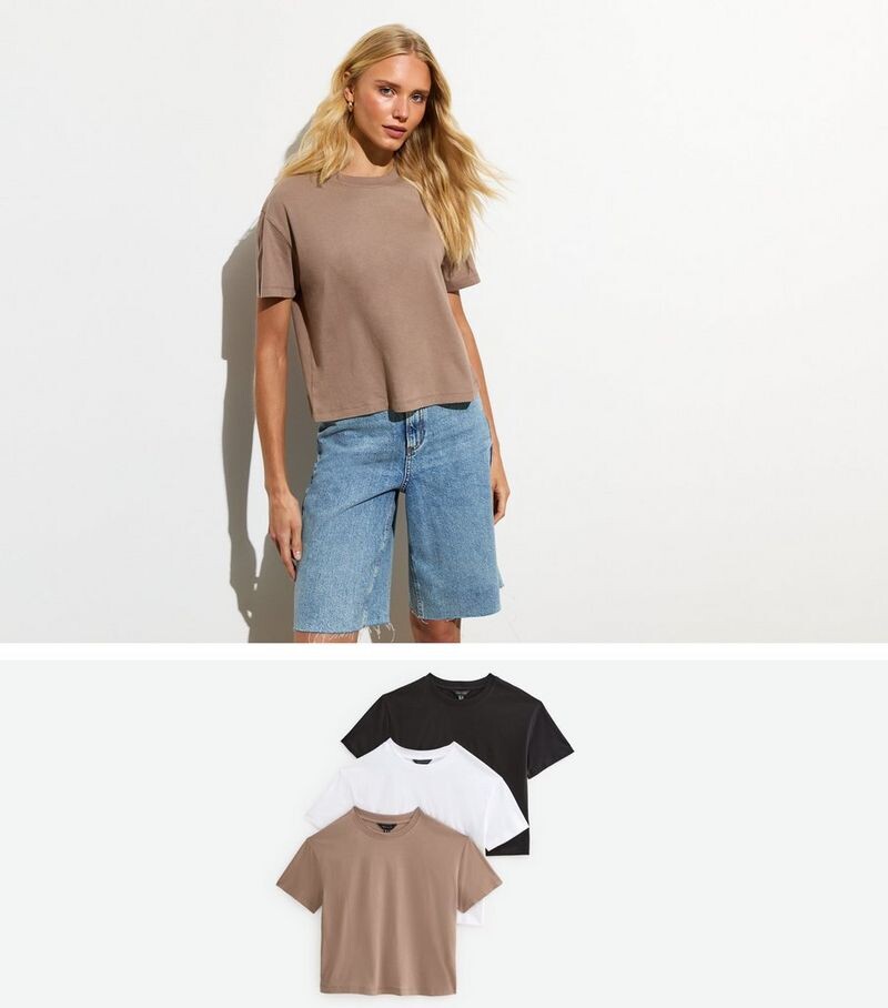

Комплект из 3 мягких хлопковых футболок свободного кроя New Look, коричневый