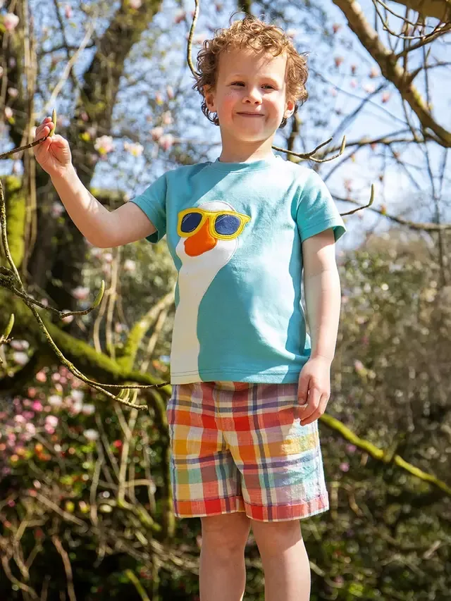 Детские шорты Archie в клетку, синий с разноцветными вставками Frugi — фото 2