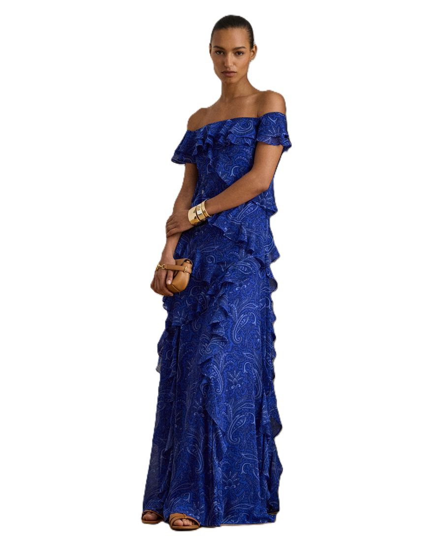 

Женское платье с принтом, оборками и открытыми плечами Lauren Ralph Lauren, Blue Multi