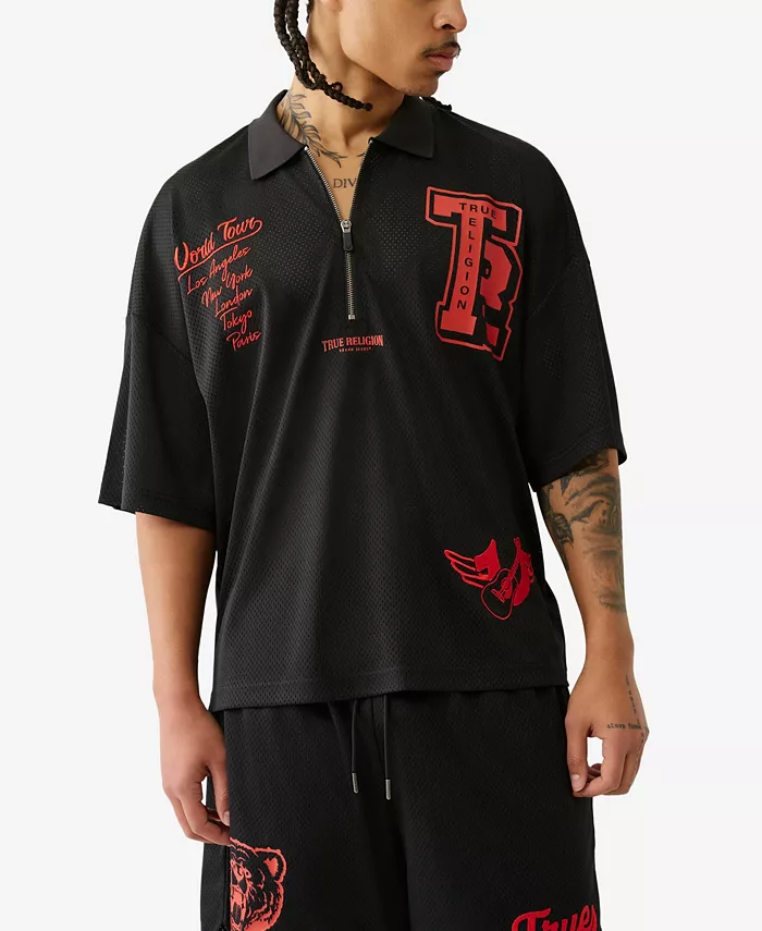 

Мужская короткая рукав оверсайз поло из сетки True Religion, черный