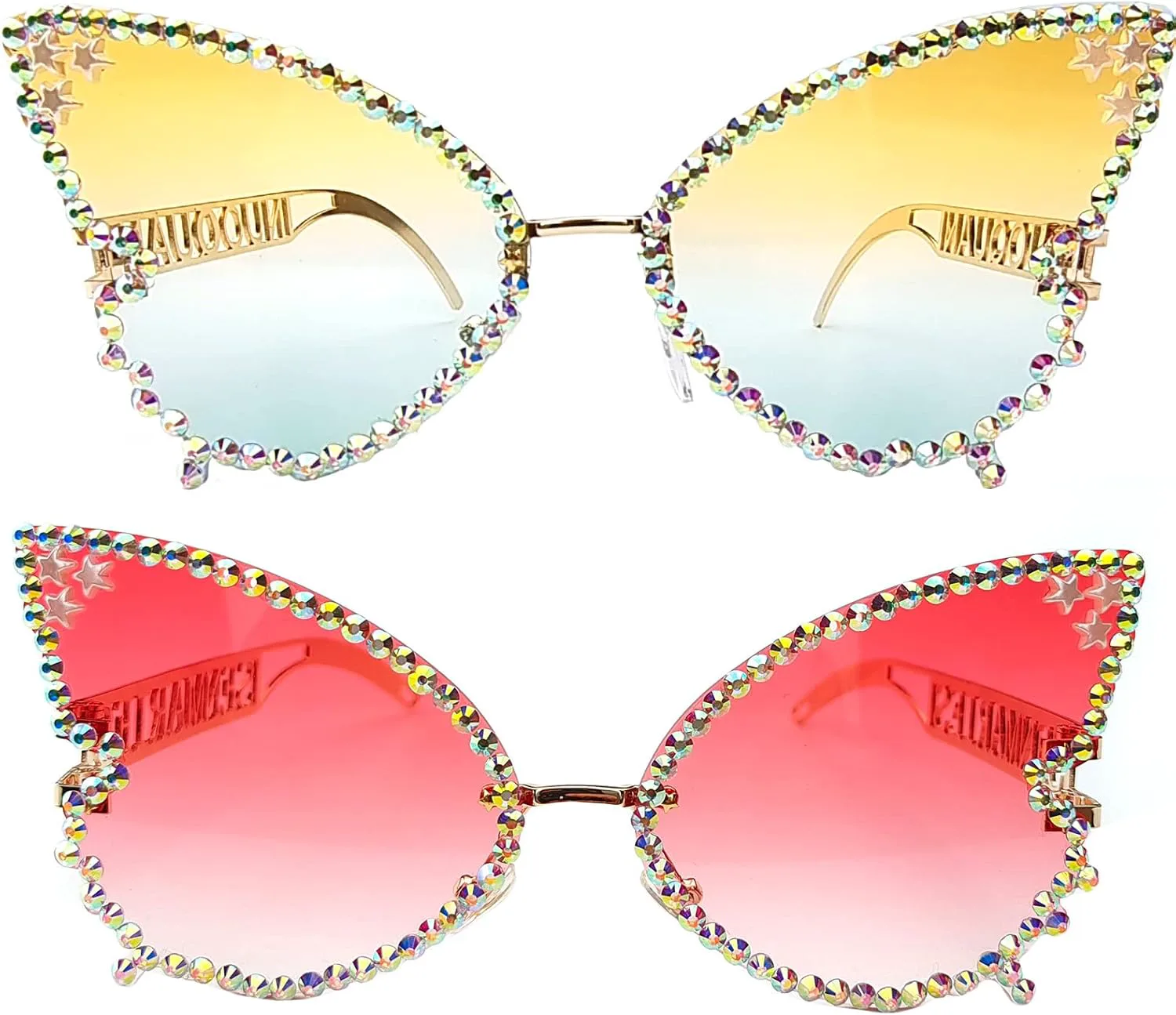 

willochra Милые жемчужные украшения Солнцезащитные очки-бабочки для женщин Солнцезащитные очки «кошачий глаз» со стразами, большие очки без оправы, 2pcs-pink&green