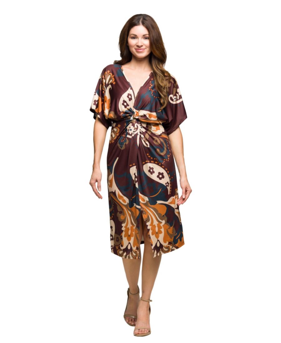 

Женское миди-платье с короткими рукавами и узлом спереди 24seven Comfort Apparel, Brown Multi